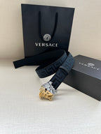 Dark blue Greca belt with gold and silver Medusa buckle and metal loops