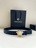 Versace belt in dark blue with Greca pattern and gold-silver Medusa buckle