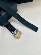 Dark blue leather belt strap with Greca panel and gold-silver Medusa buckle