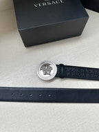 Versace belt in dark blue with silver round Medusa buckle and stitched strap edge.