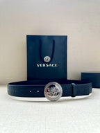 Versace belt in dark blue leather with silver round Medusa buckle.
