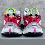 Balenciaga unisex sneakers heel view, white uppers with red heel panels and neon green loops