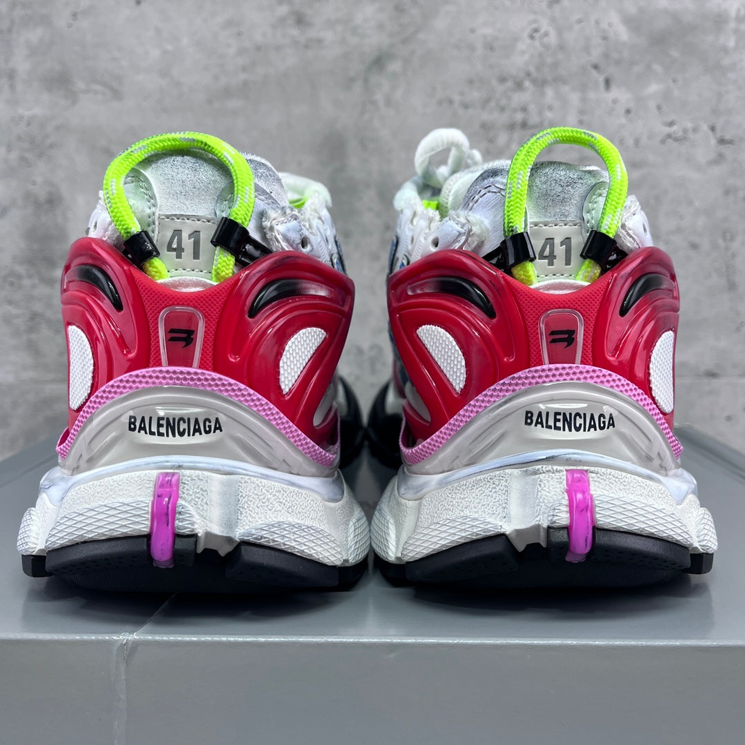 Balenciaga unisex sneakers heel view, white uppers with red heel panels and neon green loops