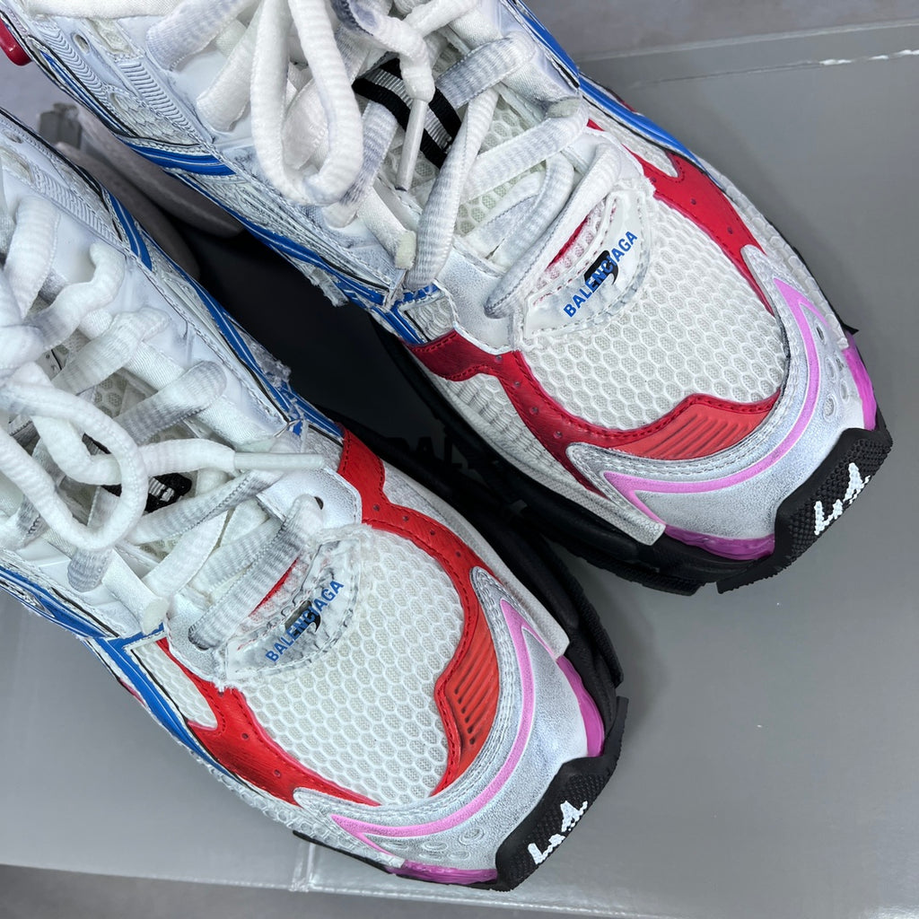 Balenciaga unisex sneaker toe and laces close-up, white mesh with red and blue side trim