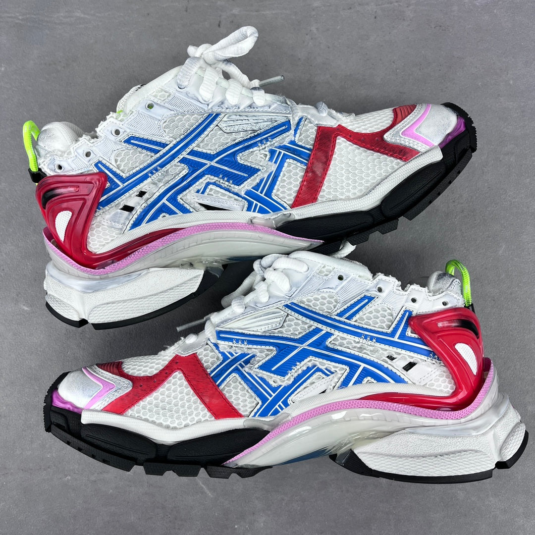 Balenciaga unisex sneakers pair, white with blue and red panels, neon green laces, pink edging