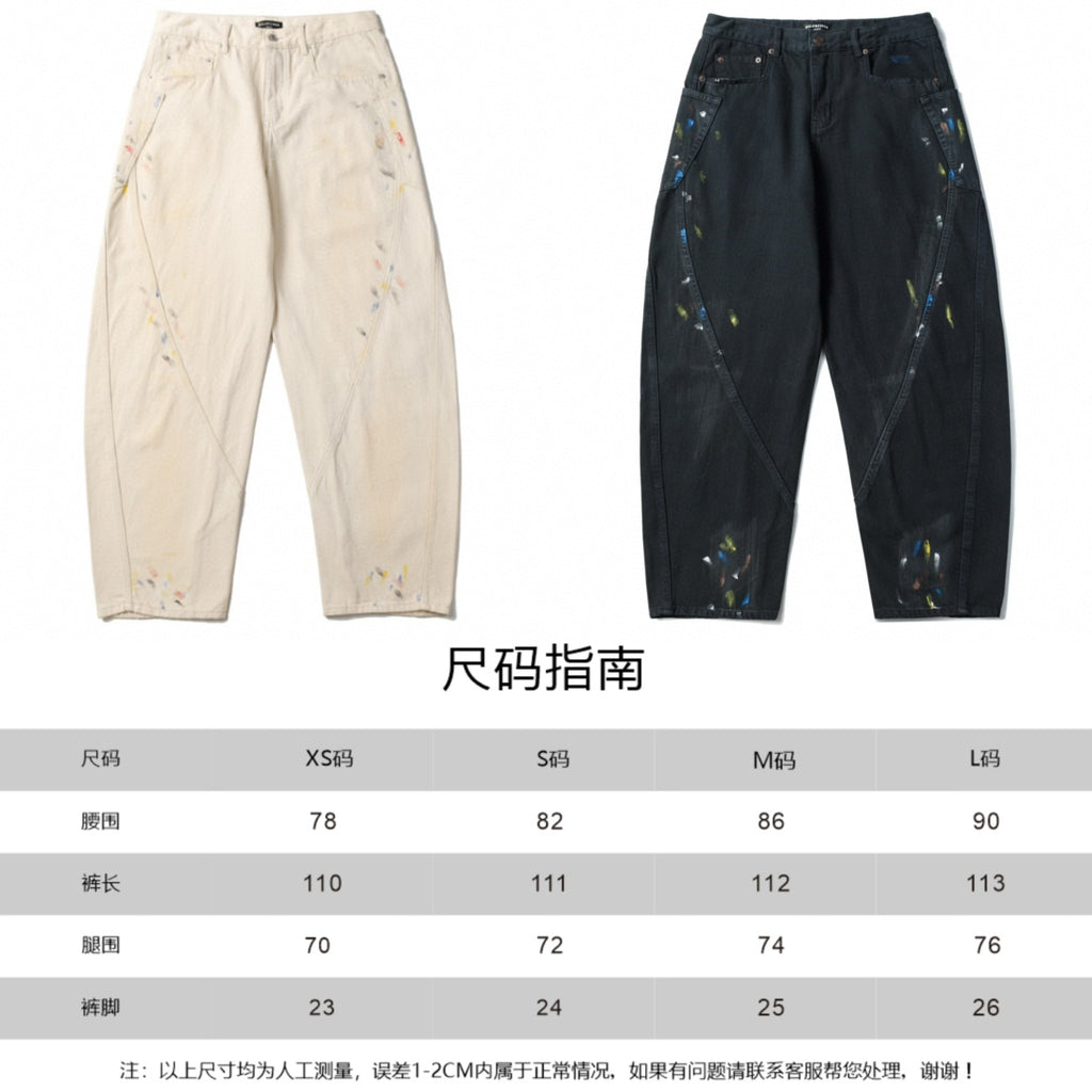 Balenciaga pants, light and dark washes shown side by side, paint splatter style