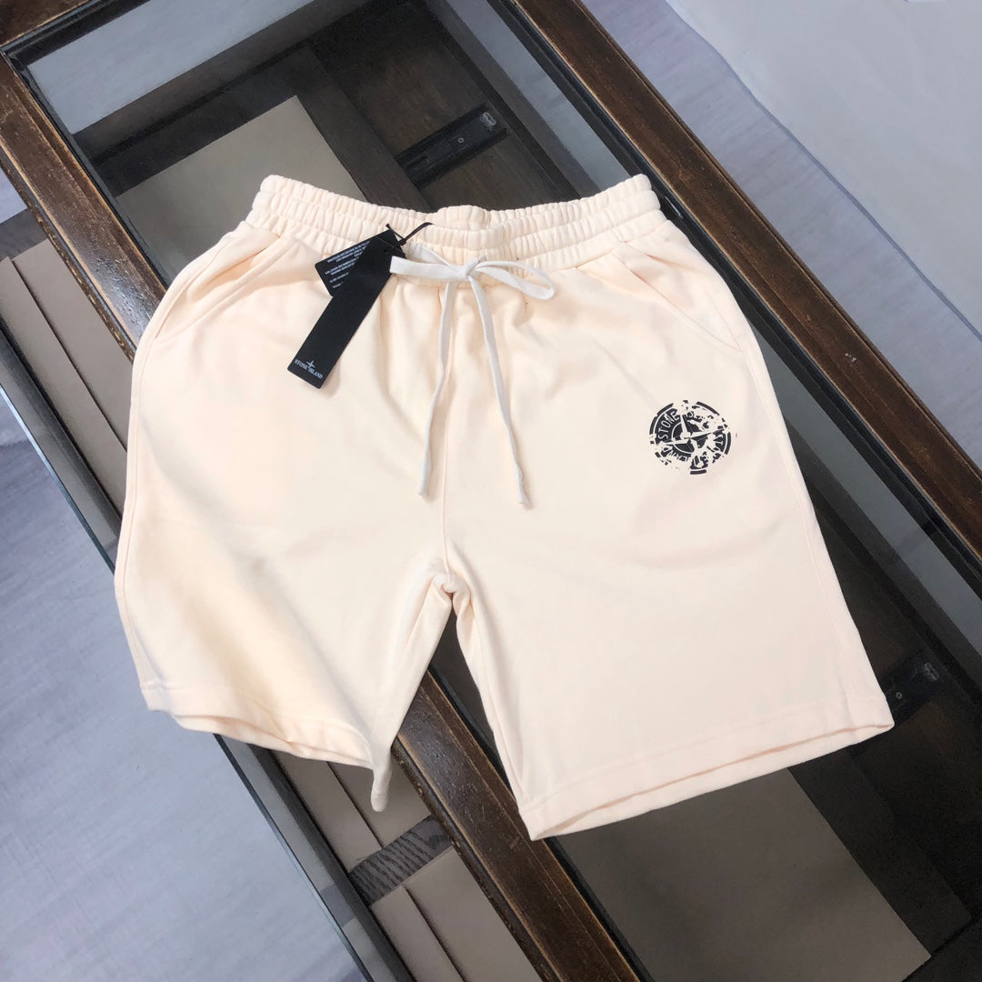 Stone Island cream shorts, elastic waist and drawstring with side logo