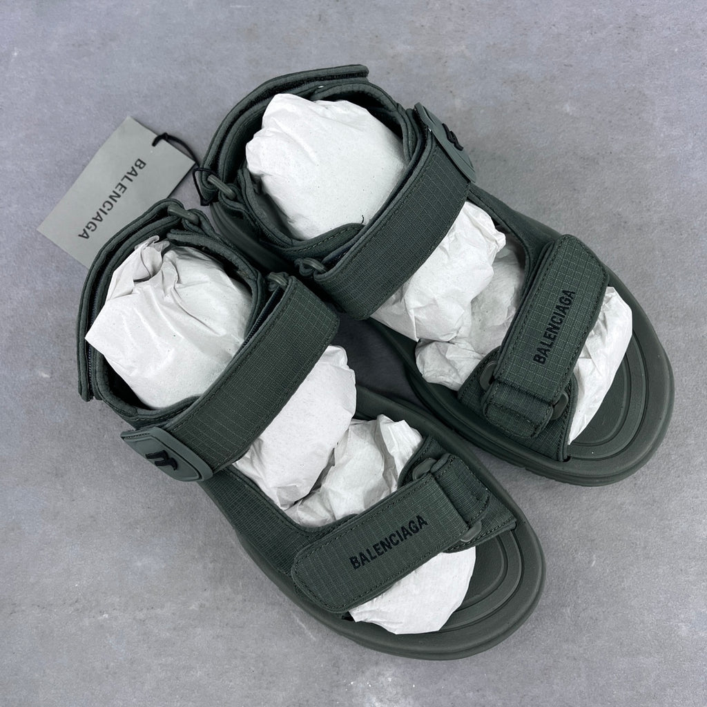 Balenciaga dark green slide sandals with two straps and Velcro-style closures