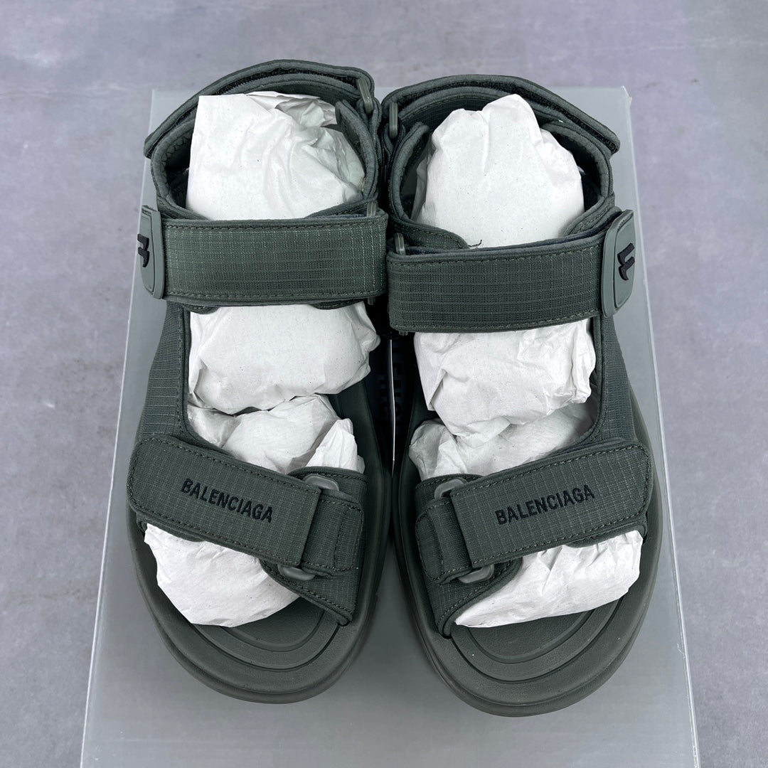 Balenciaga dark green sandals, top view of two straps over a cushioned footbed