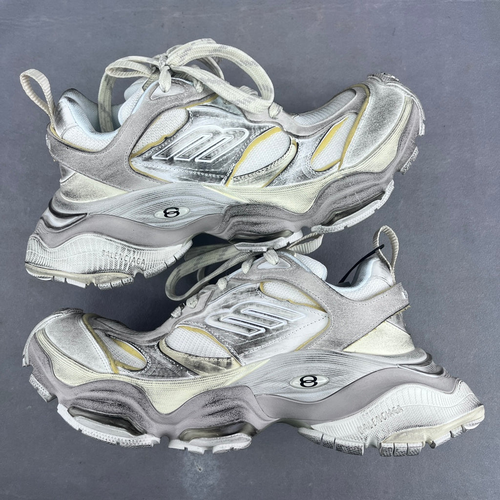 Balenciaga unisex chunky sneakers, silver and white with yellow accents, lace-up