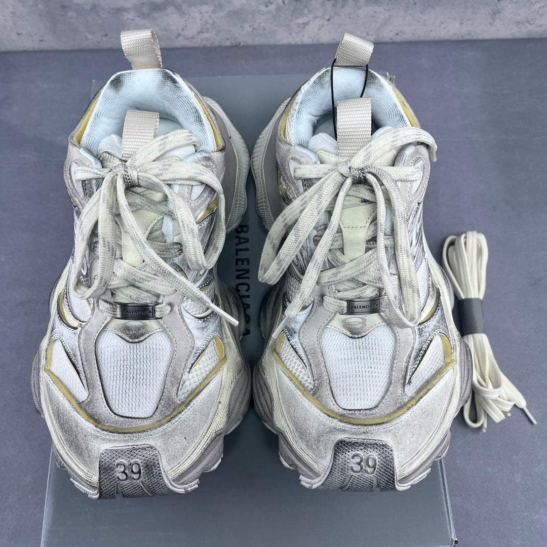 Balenciaga unisex sneakers, heel view with lace ties and padded collars, silver and white