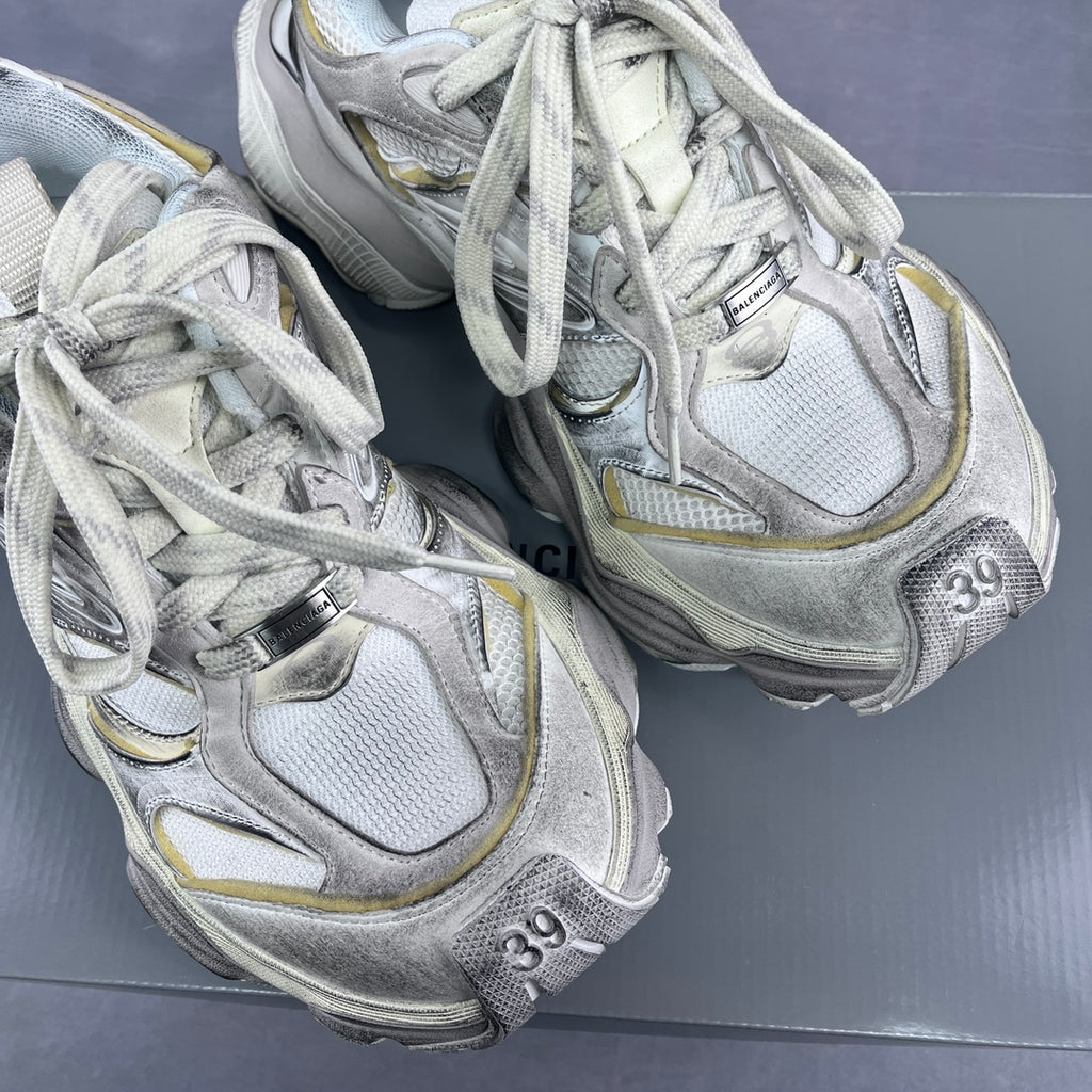 Balenciaga unisex sneakers, silver and white mesh uppers with yellow trim, lace-up