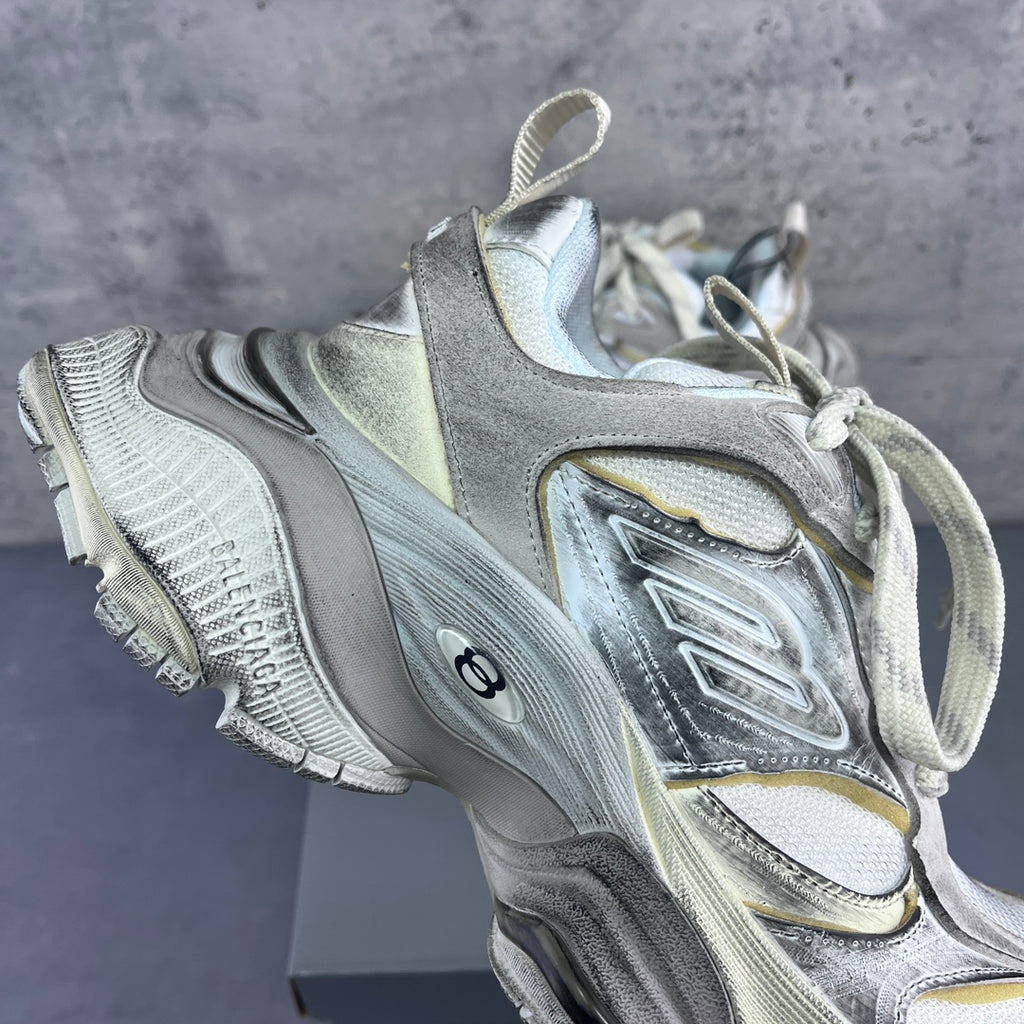 Balenciaga unisex chunky sneakers, silver and white upper with yellow accents, lace-up