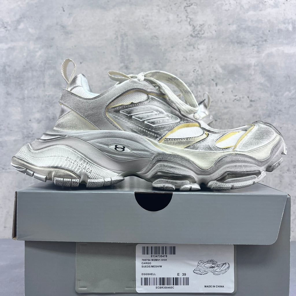 Balenciaga unisex chunky sneakers, silver and white with yellow highlights, side view