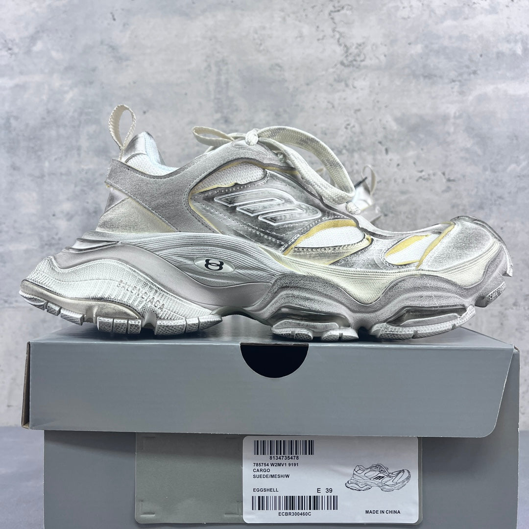 Balenciaga unisex chunky sneakers, silver and white with yellow highlights, side view