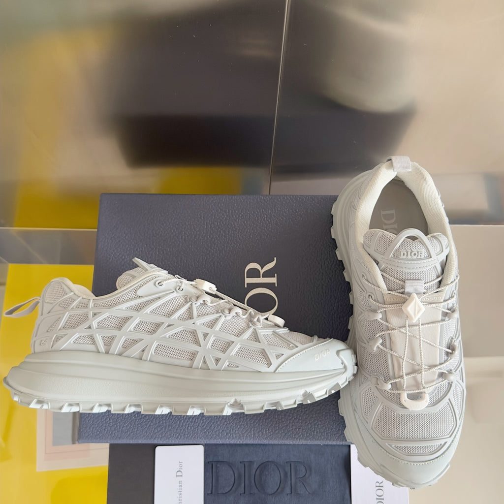 Dior unisex white sneakers on box, lace-up with thick rubber sole