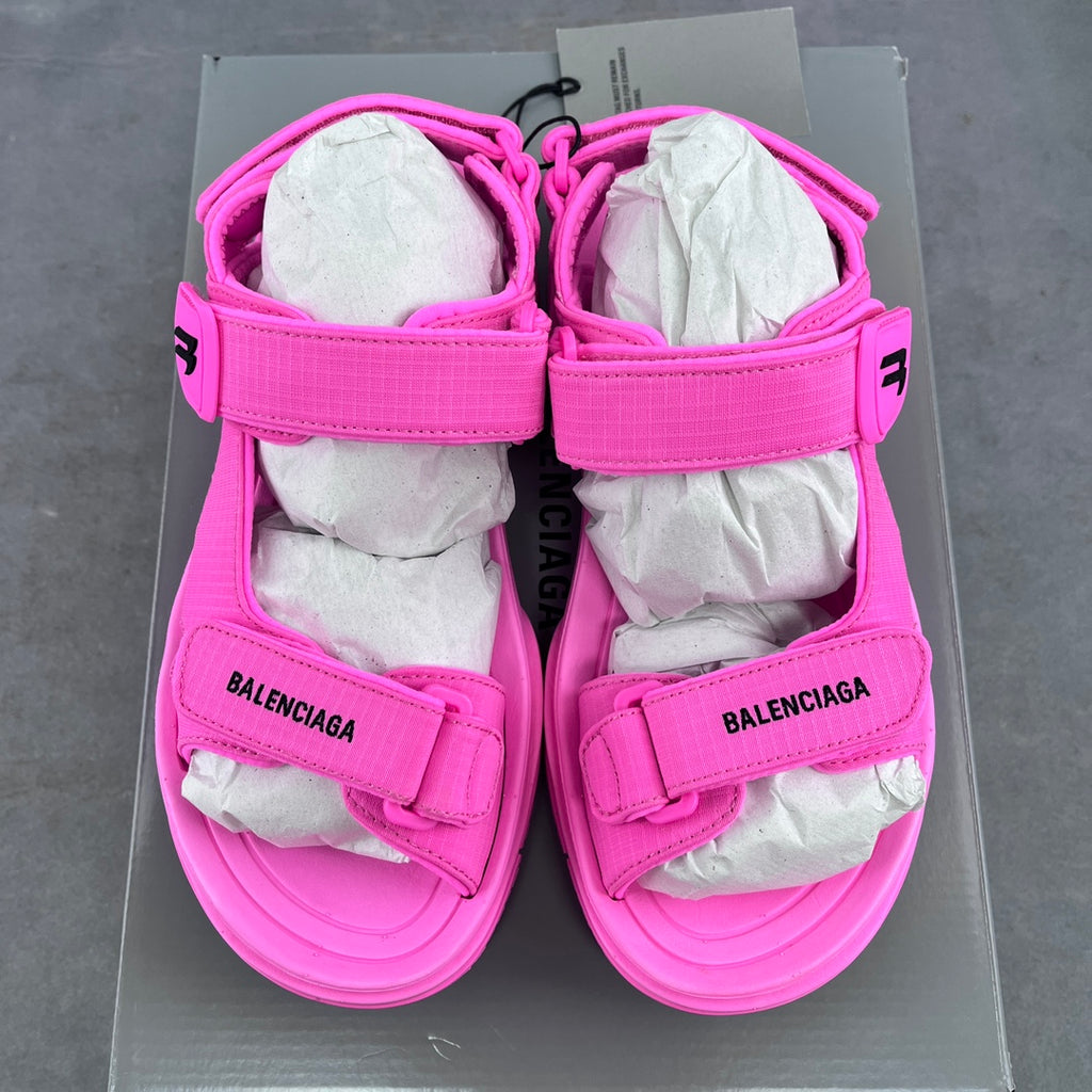Pink Balenciaga unisex sandals pair with wide straps and chunky platform sole