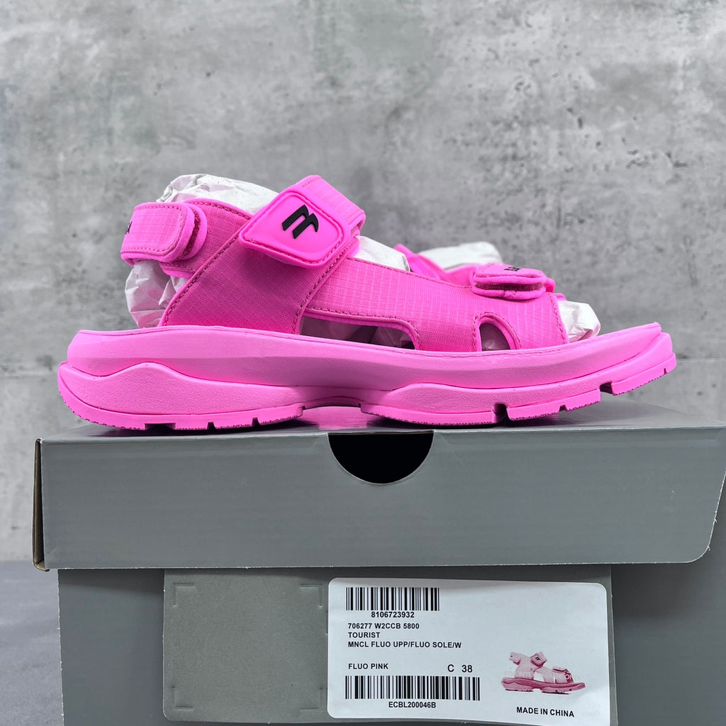 Pink Balenciaga sandals with hook-and-loop ankle strap and thick platform sole