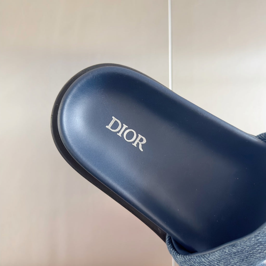 Dior slide sandal footbed with Dior branding, navy with denim strap