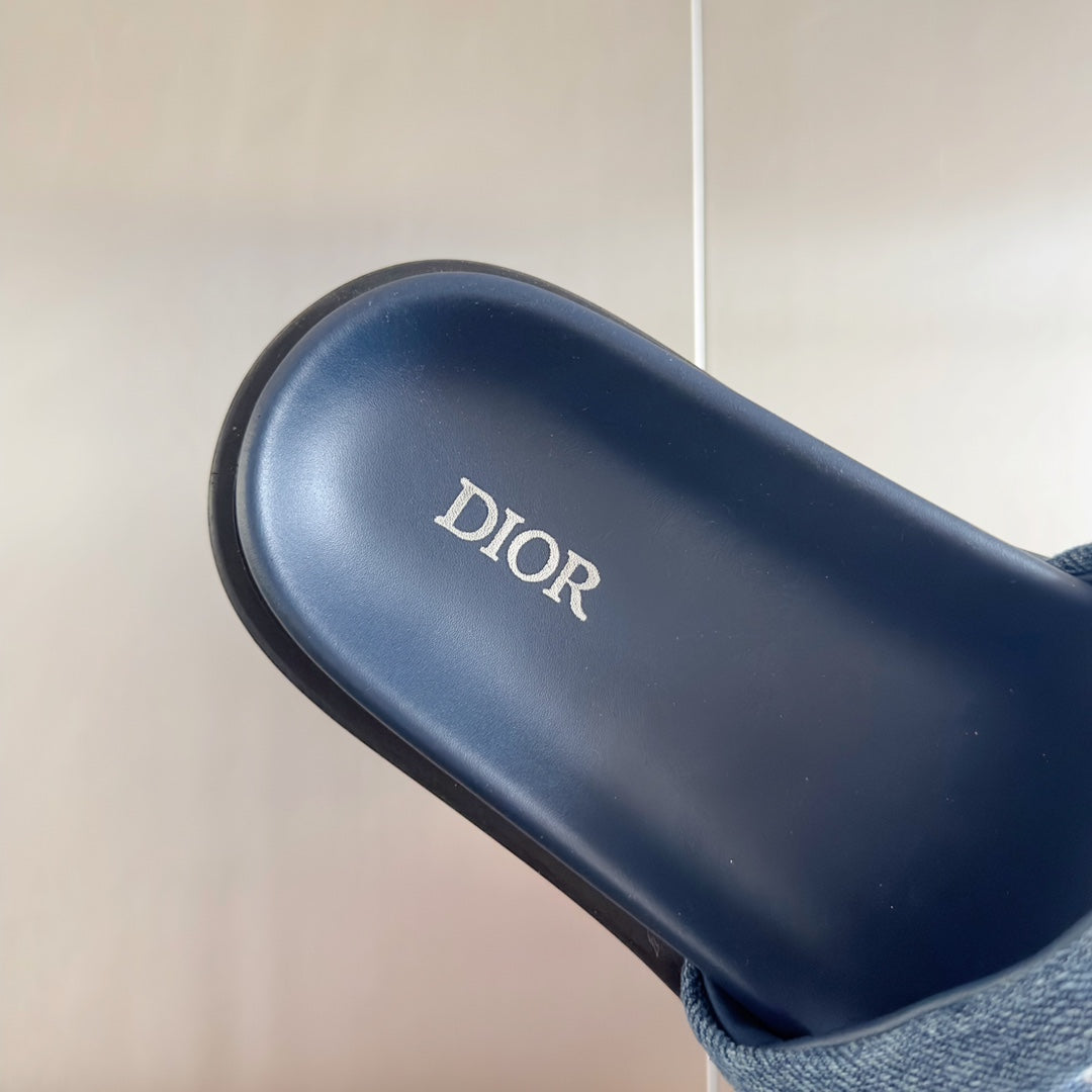 Dior slide sandal footbed with Dior branding, navy with denim strap