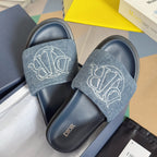 Dior slide sandals with wide denim straps and white monogram, navy footbeds