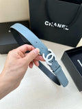 Light blue leather belt with silver-toned Chanel CC buckle and adjustment holes