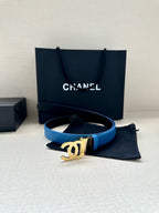 Blue leather belt with gold-tone CC buckle and small pouch