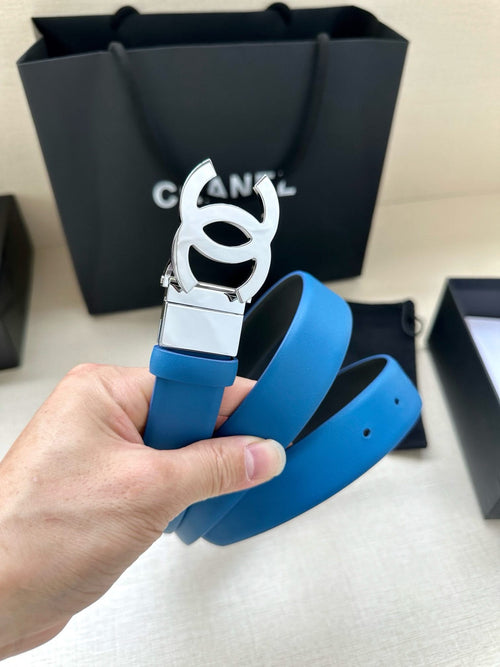 Blue leather belt with silver CC logo buckle and belt strap details