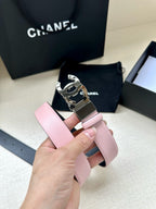 Chanel belt with pale pink strap and silver buckle with CC emblem