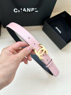 Chanel belt with pale pink leather strap and gold interlocking CC buckle