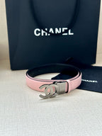 Chanel belt with pale pink strap and dark-toned CC logo buckle