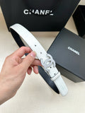 White leather Chanel belt with silver-toned buckle and eyelet holes