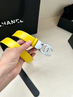 Yellow leather belt with metal Chanel logo buckle and strap keeper