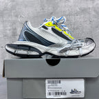Balenciaga unisex sneakers on box, silver mesh, black panels, neon yellow, blue laces