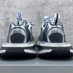Balenciaga unisex sneakers heel view, silver uppers with black mesh and neon yellow accents