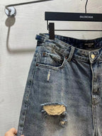 Balenciaga denim shorts waistband with belt loops and button closure, light blue