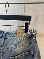 Balenciaga denim shorts with belt and buckle detail at the waist, light blue