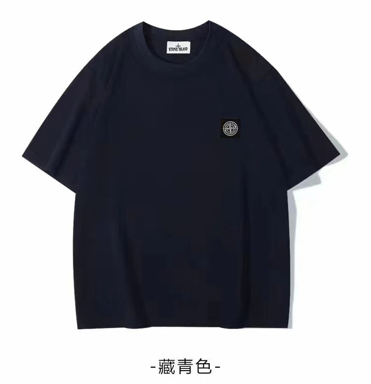 Stone Island crew-neck T-shirt, short sleeves, small chest logo patch, navy