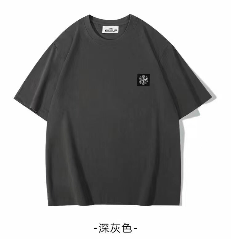 Stone Island crew-neck T-shirt, short sleeves, small chest logo patch, dark gray