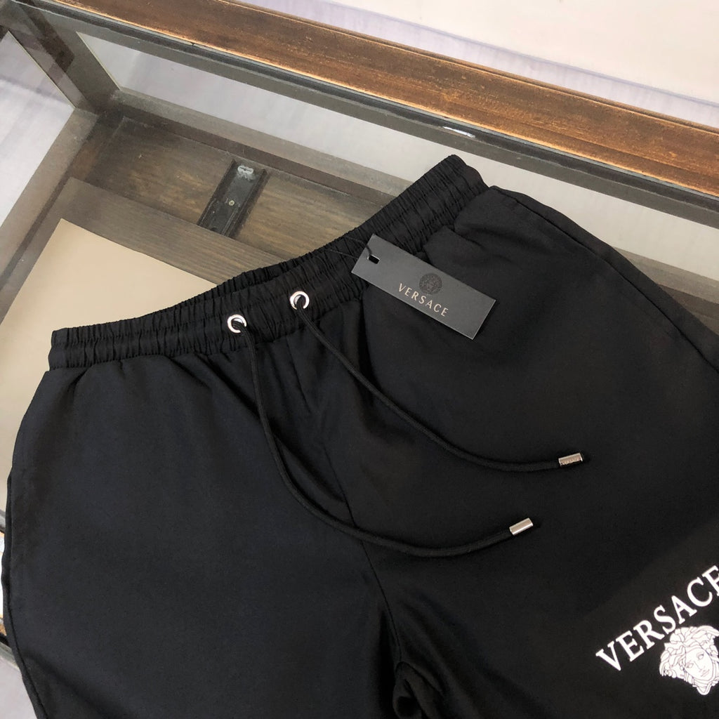 Black Versace shorts elastic waistband drawstring and white logo thigh