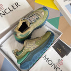 Moncler lace-up sneakers, olive leather-look uppers with green accents and blue tread sole