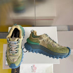 Moncler lace-up sneakers, olive mesh-and-suede style with blue outsole, pair on box