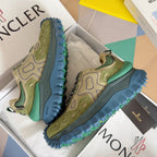 Moncler lace-up sneakers, olive uppers with green trim and blue spiked sole, pair on box