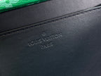 Black Louis Vuitton leather base with embossed logo and stitched edge