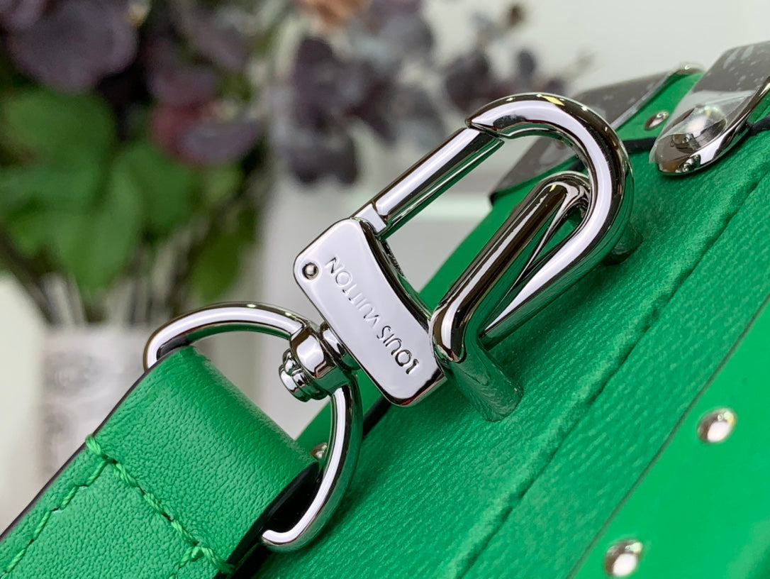 Louis Vuitton men’s green bag with silver-tone hook hardware and leather loops