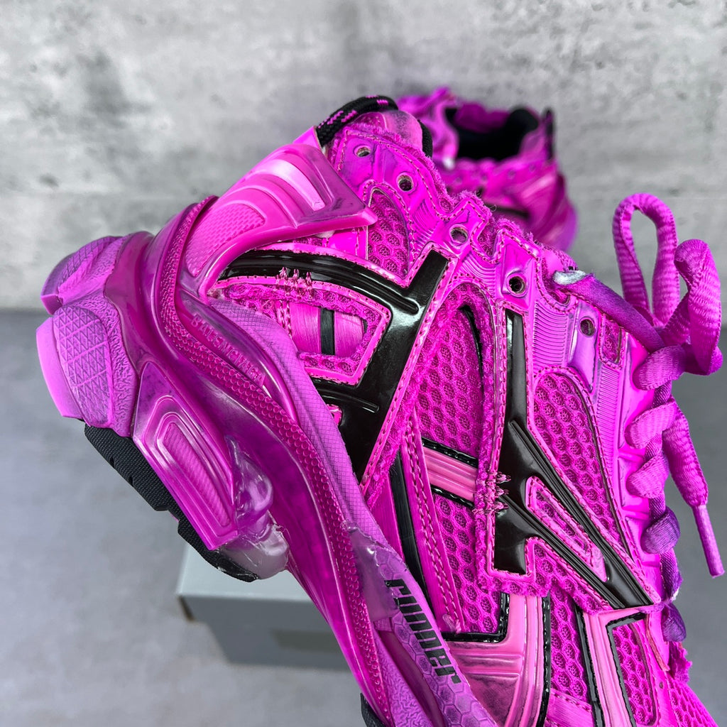 Balenciaga running sneakers bright pink upper with black overlays and purple laces