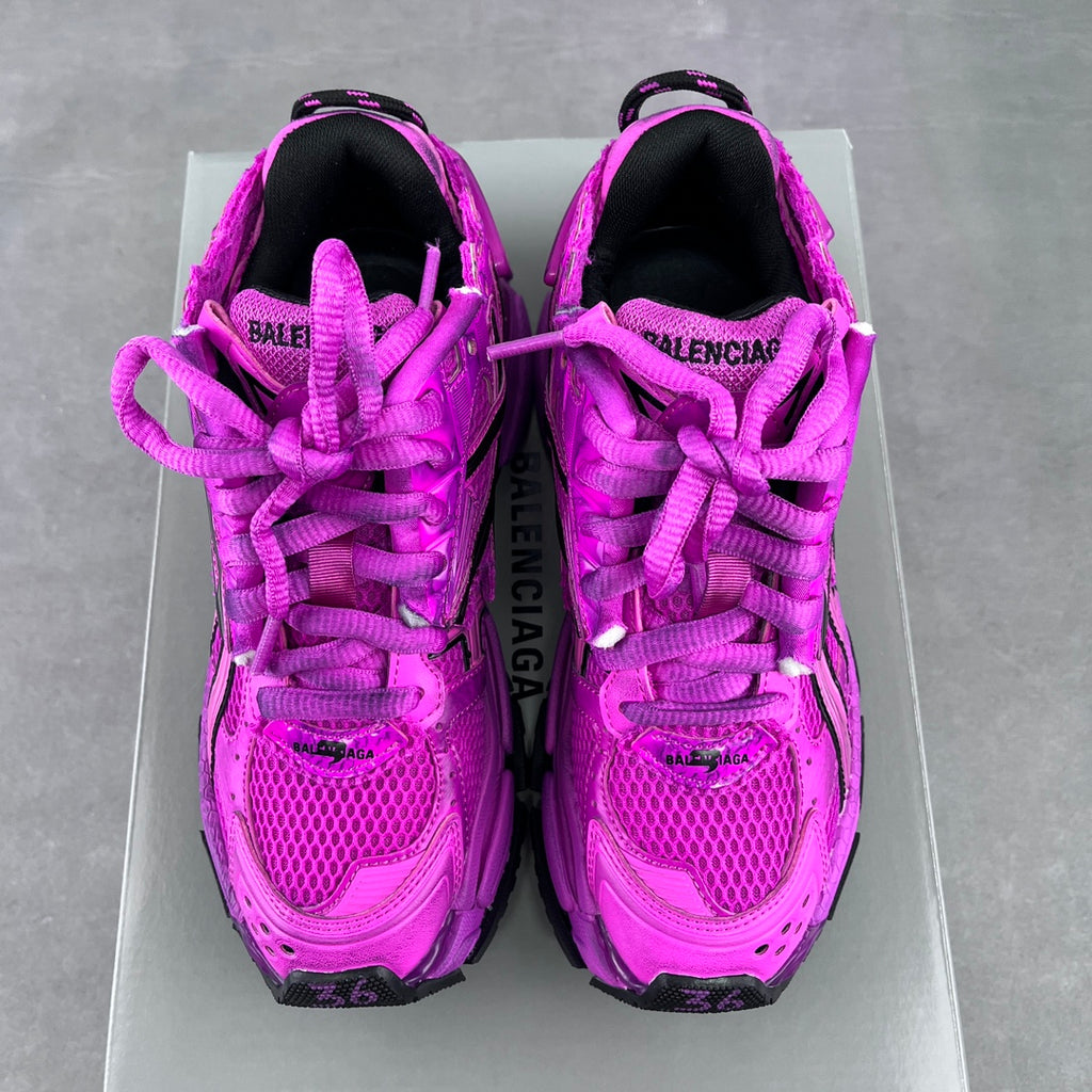 Balenciaga running sneakers toe view, bright pink laces with black interior lining
