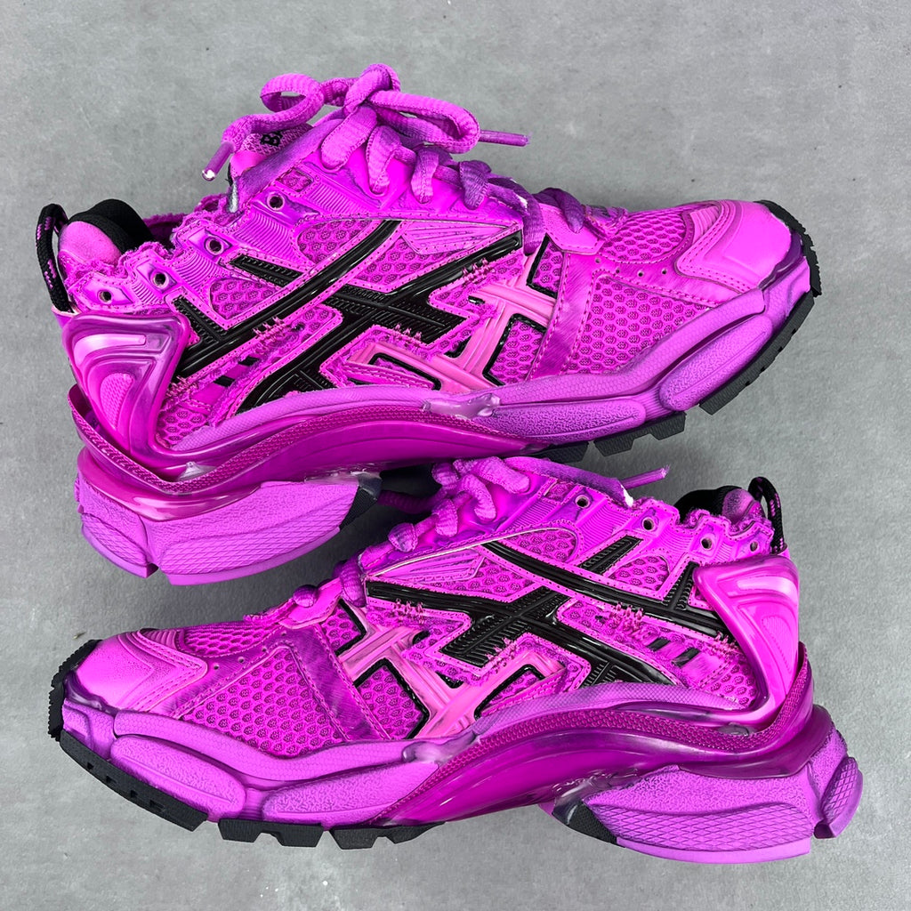 Balenciaga running sneakers pair view, bright pink with black stripes and thick cushioning