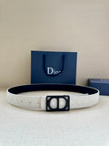 White leather belt with black square Dior buckle, adjustable holes on strap.
