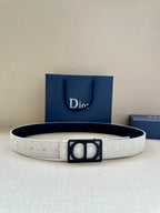 White leather belt with black square Dior buckle, adjustable holes on strap.